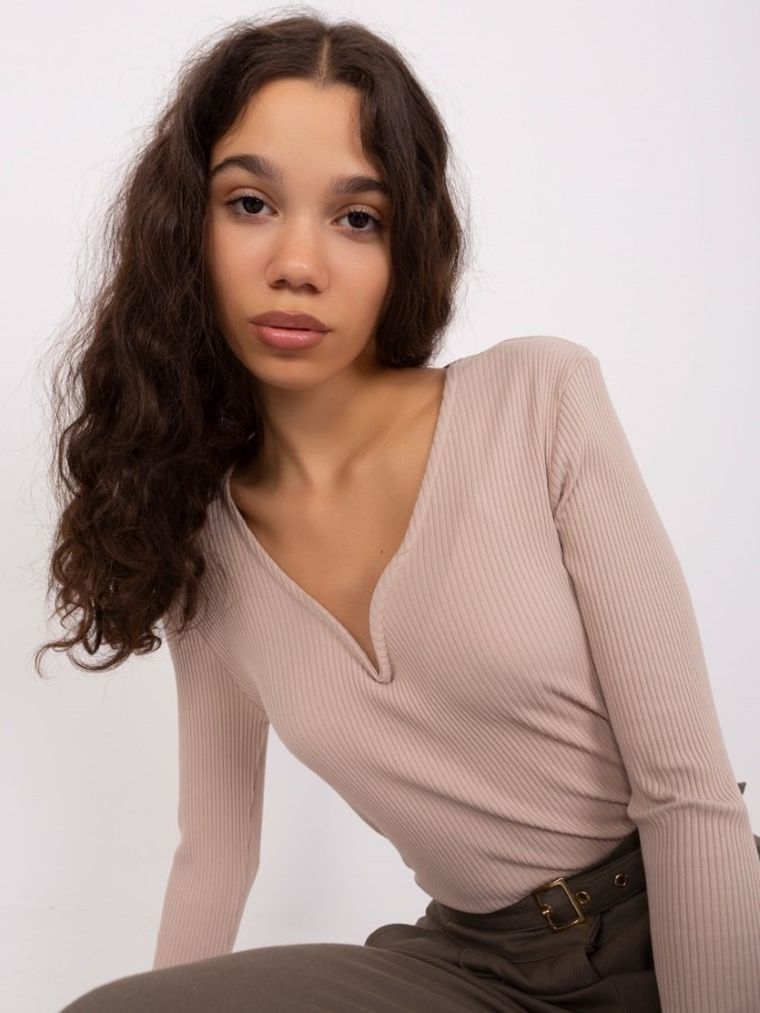 Bluzka damska z długim rękawem, beżowa, Basic Feel Good
