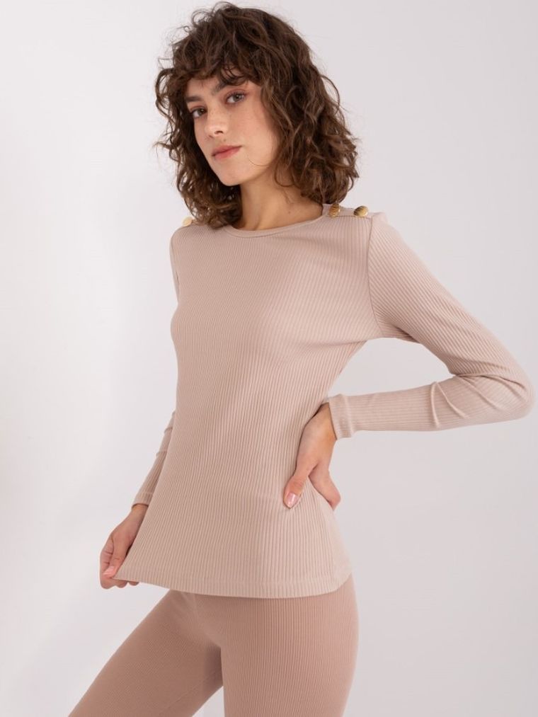 Bluzka damska z długim rękawem, beżowa, Basic Feel Good