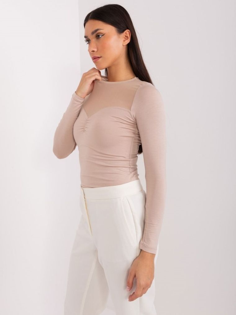 Bluzka damska z długim rękawem, beżowa, Basic Feel Good