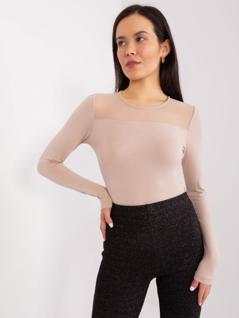 Bluzka damska z długim rękawem, beżowa, Basic Feel Good