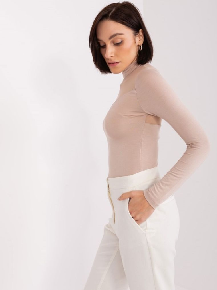 Bluzka damska z długim rękawem, beżowa, Basic Feel Good