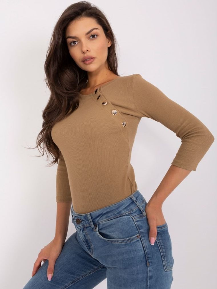 Bluzka damska z długim rękawem, beżowa, Lily Rose