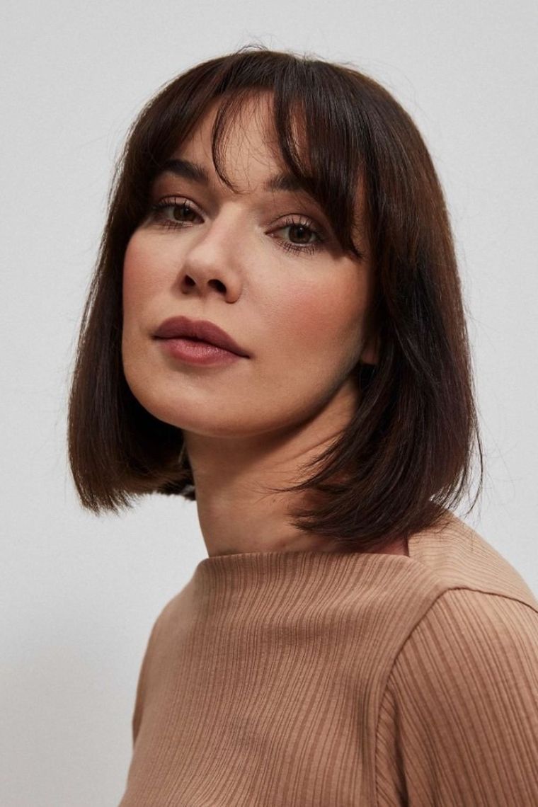 Bluzka damska z długim rękawem, beżowa, Moodo