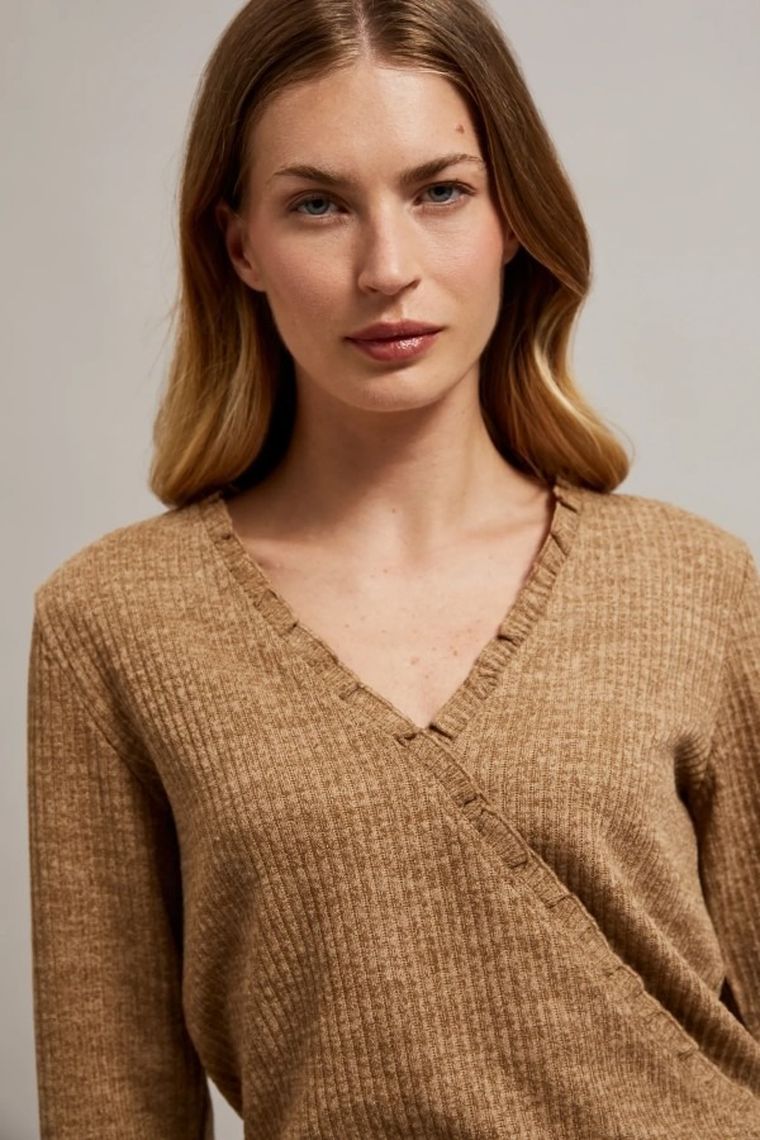 Bluzka damska z długim rękawem, beżowa, Moodo