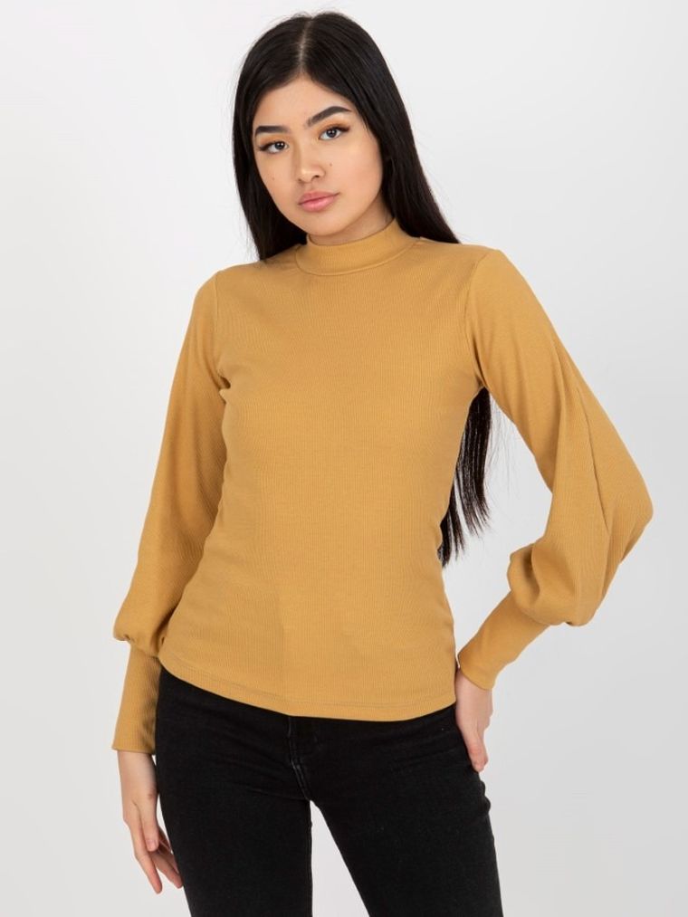 Bluzka damska z długim rękawem, beżowa, Rue Paris