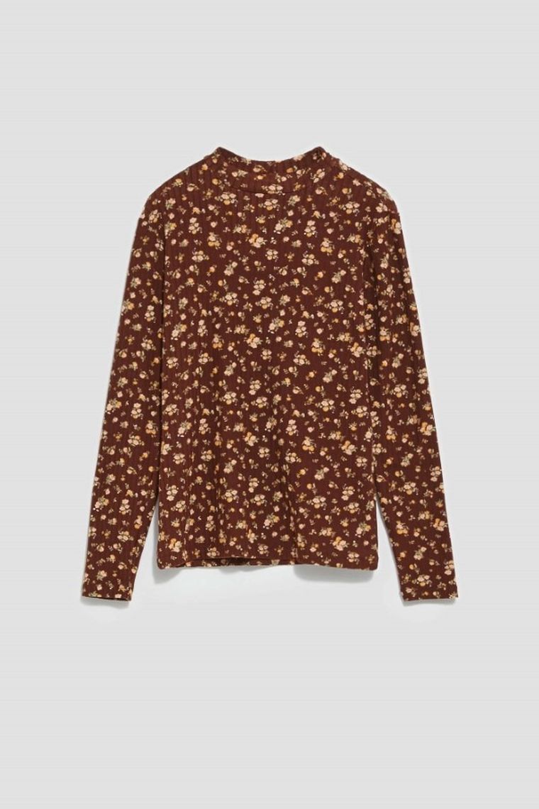 Bluzka damska z długim rękawem, brązowa, Moodo