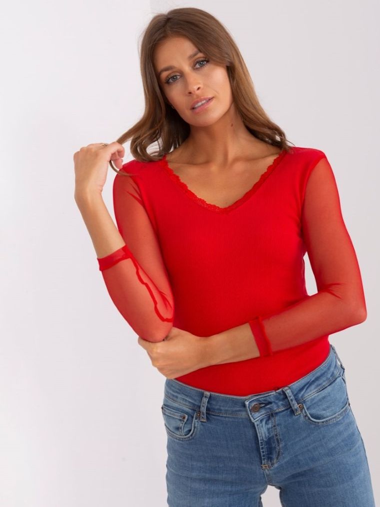 Bluzka damska z długim rękawem, czerwona, Rue Paris