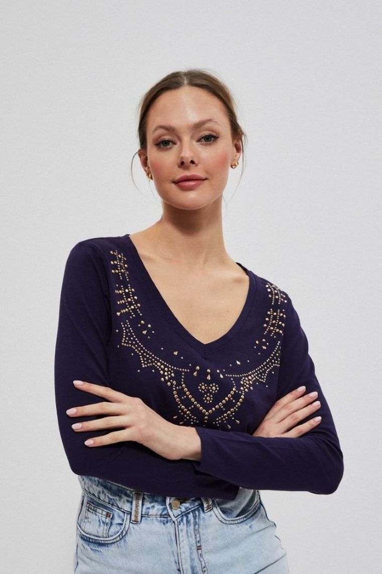 Bluzka damska z długim rękawem, granatowa, Moodo