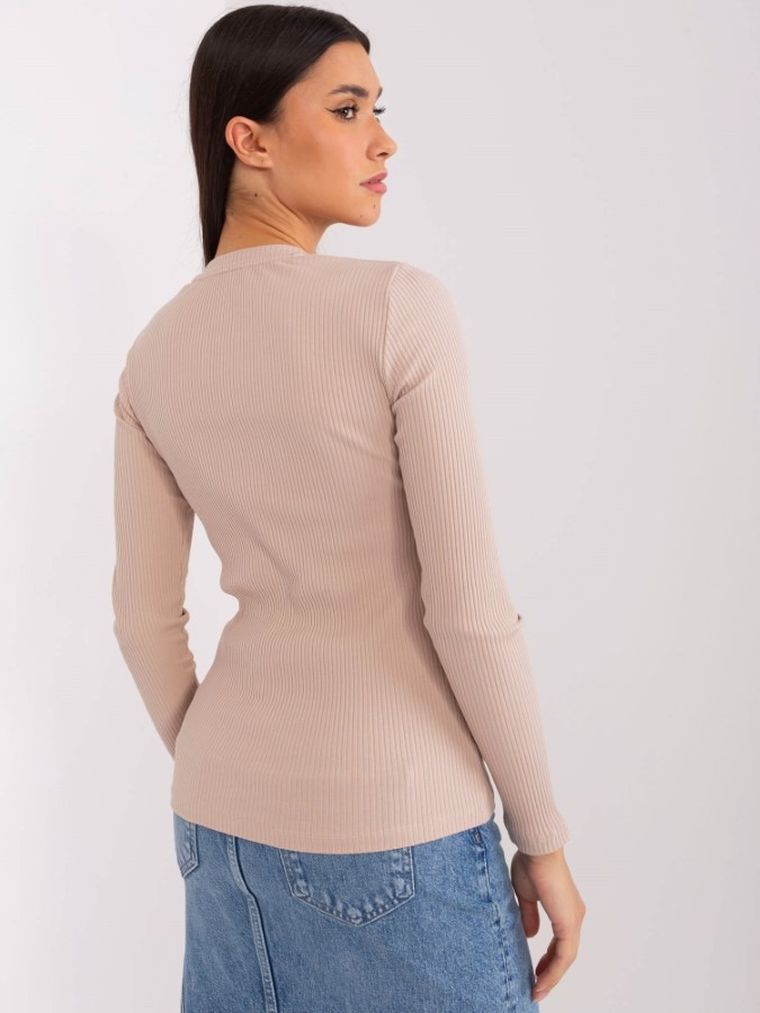 Bluzka damska z długim rękawem, prążkowana, beżowa, Basic Feel Good