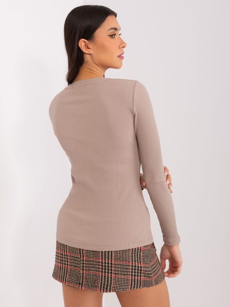 Bluzka damska z długim rękawem, prążkowana, beżowa, Basic Feel Good