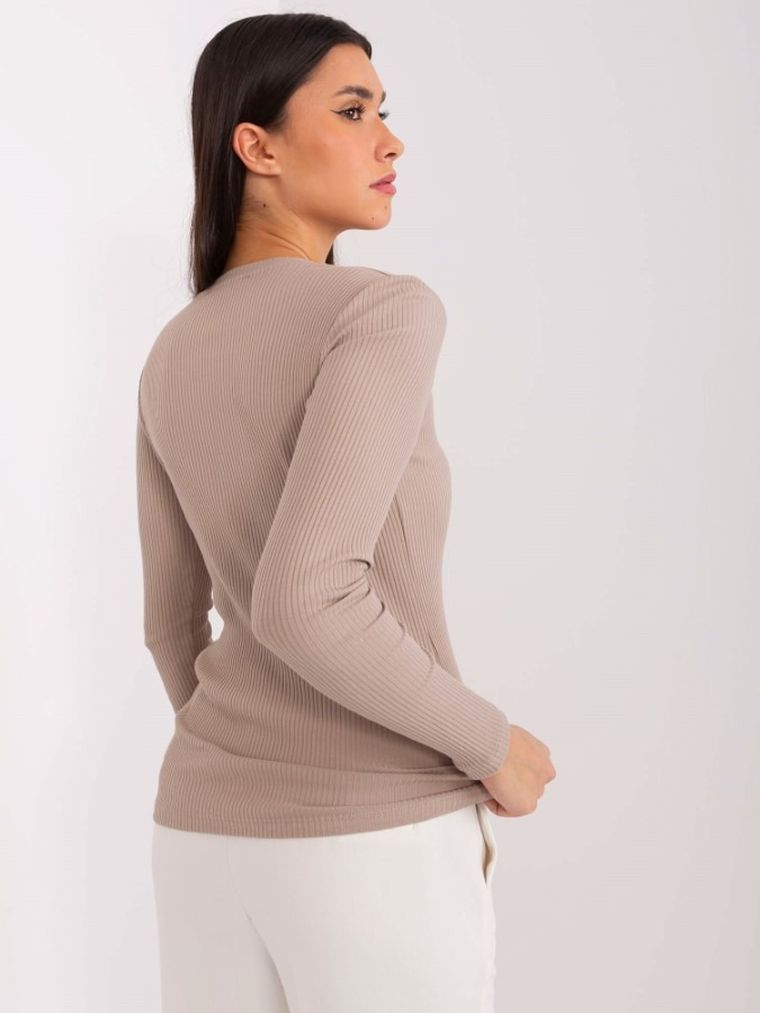 Bluzka damska z długim rękawem, prążkowana, beżowa, Basic Feel Good