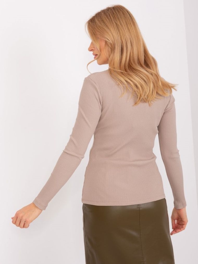 Bluzka damska z długim rękawem, prążkowana, beżowa, Basic Feel Good