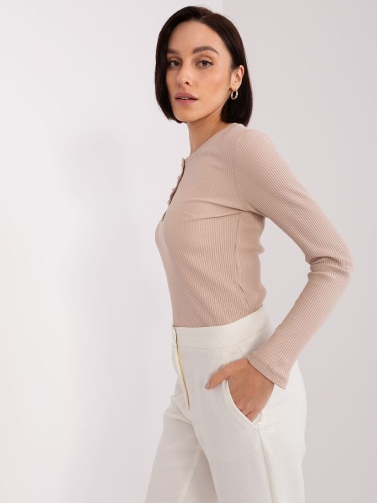 Bluzka damska z długim rękawem, prążkowana, beżowa, Basic Feel Good