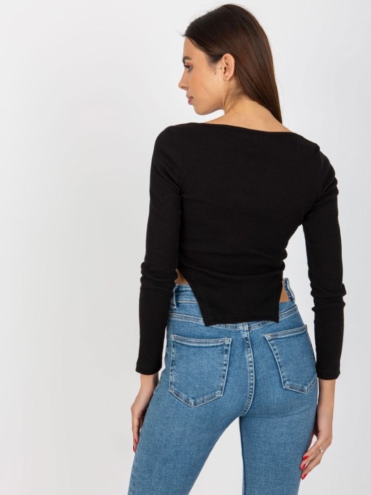 Bluzka damska z długim rękawem, prążkowana, czarna, Och Bella