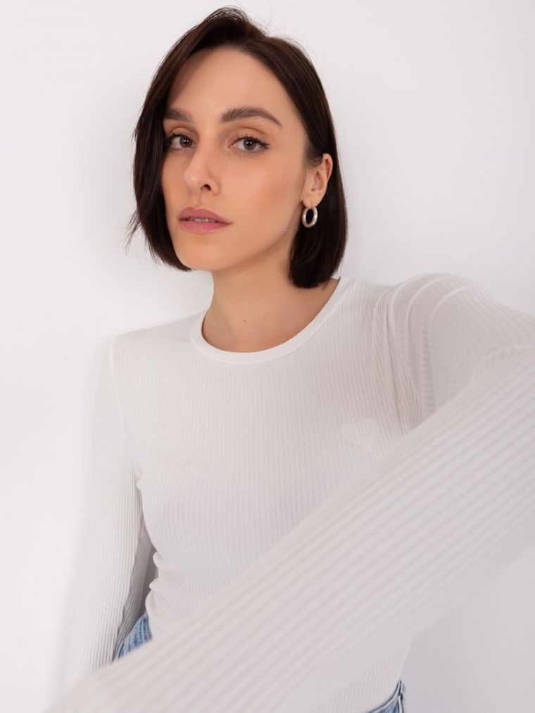 Bluzka damska z długim rękawem, prążkowana, ecru, Basic Feel Good