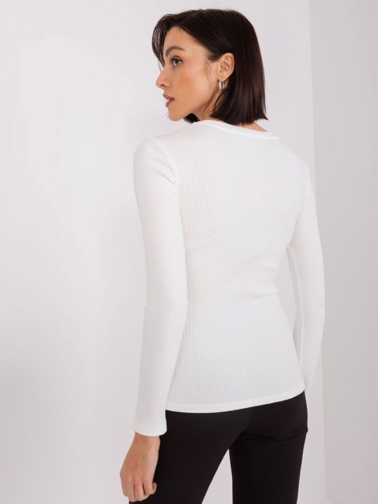 Bluzka damska z długim rękawem, prążkowana, ecru, Basic Feel Good