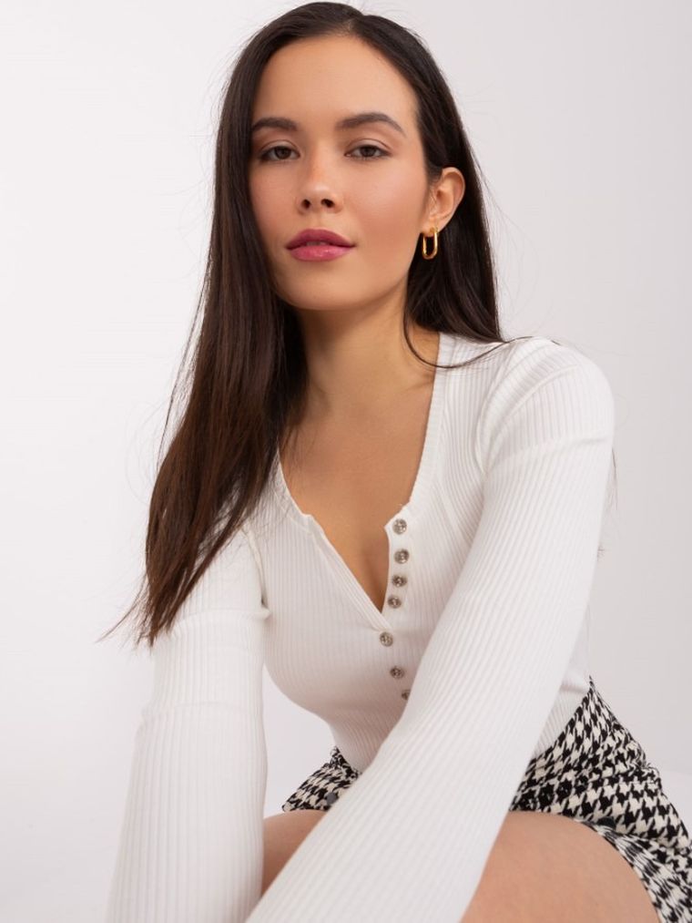 Bluzka damska z długim rękawem, prążkowana, ecru, Basic Feel Good