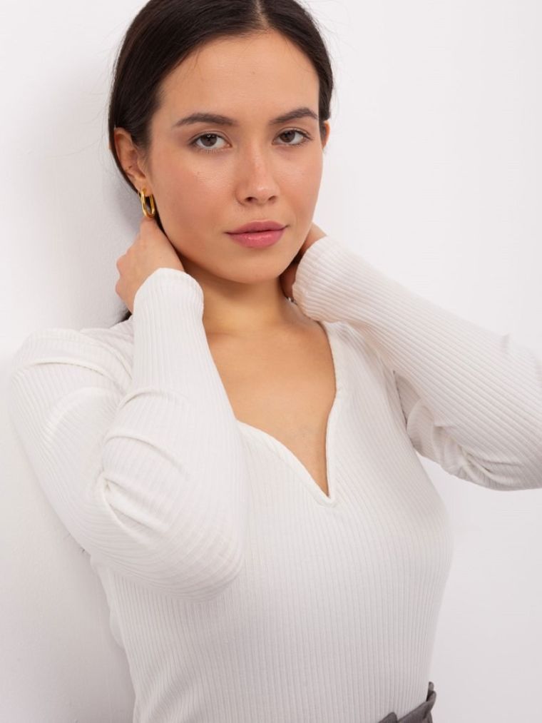 Bluzka damska z długim rękawem, prążkowana, ecru, Basic Feel Good