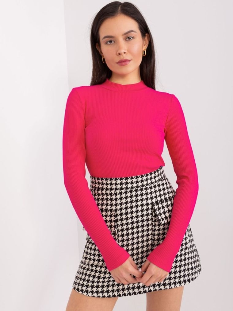 Bluzka damska z długim rękawem, prążkowana, różowa, Basic Feel Good