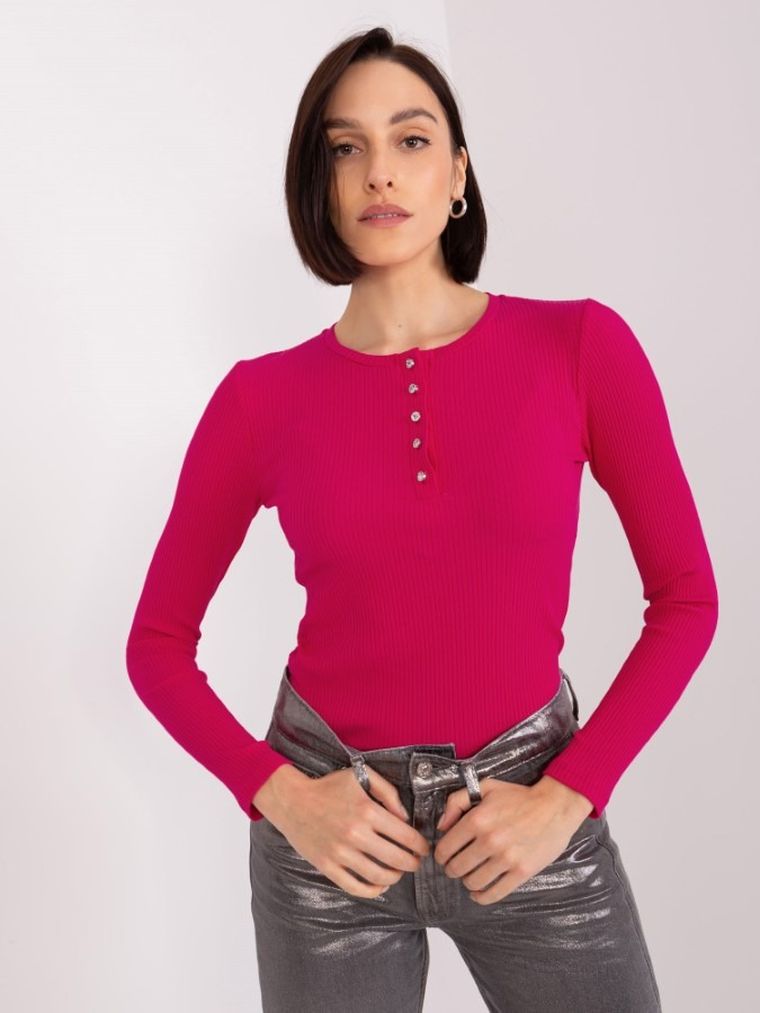 Bluzka damska z długim rękawem, prążkowana, różowa, Basic Feel Good