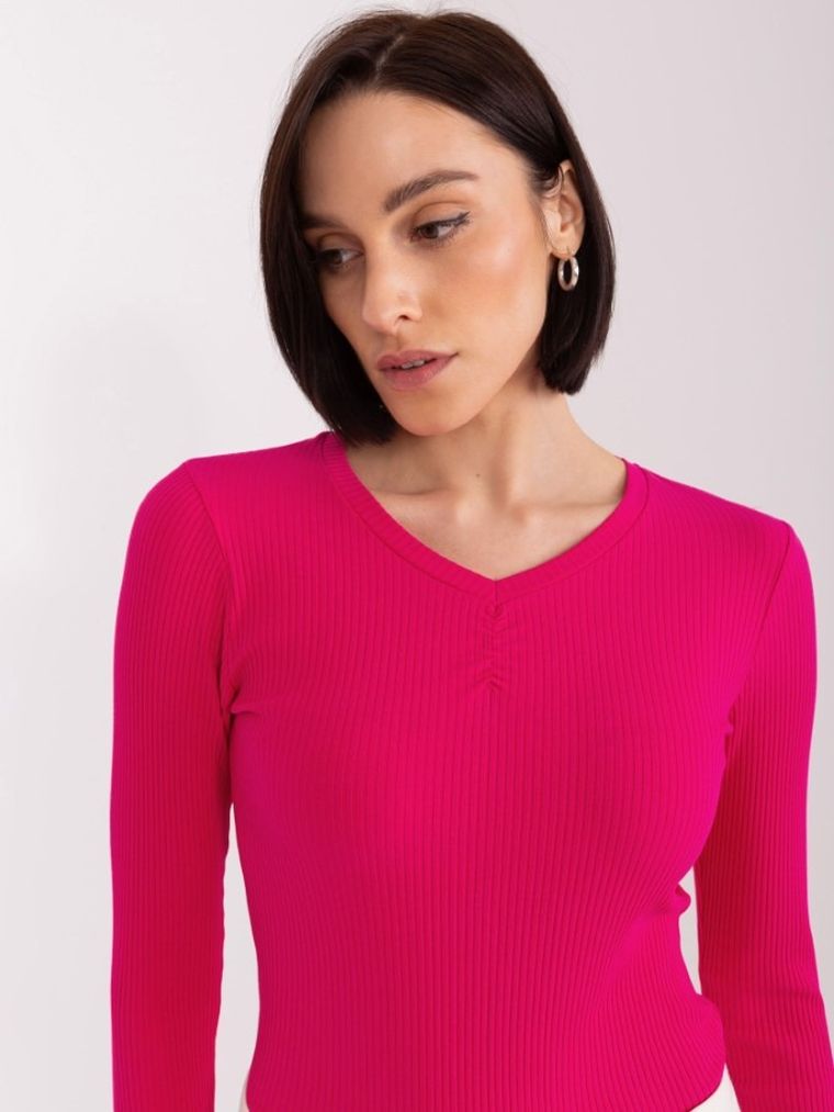 Bluzka damska z długim rękawem, prążkowana, różowa, Basic Feel Good