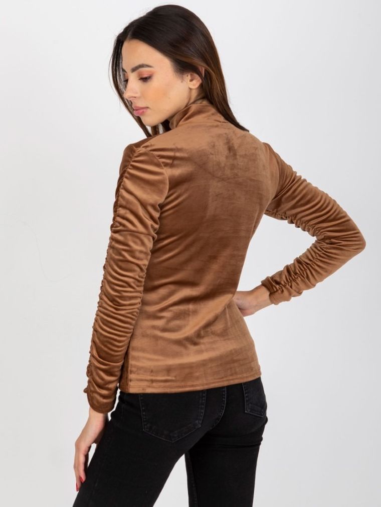 Bluzka damska z długim rękawem, welurowa, brązowa, Rue Paris