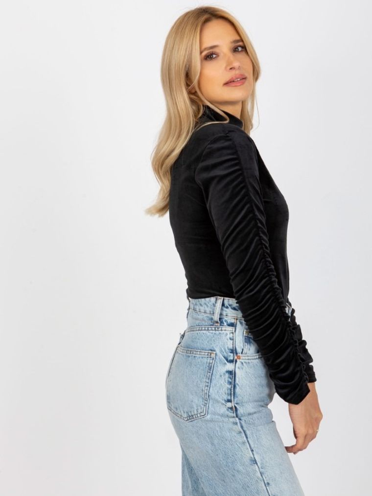 Bluzka damska z długim rękawem, welurowa, czarna, Rue Paris