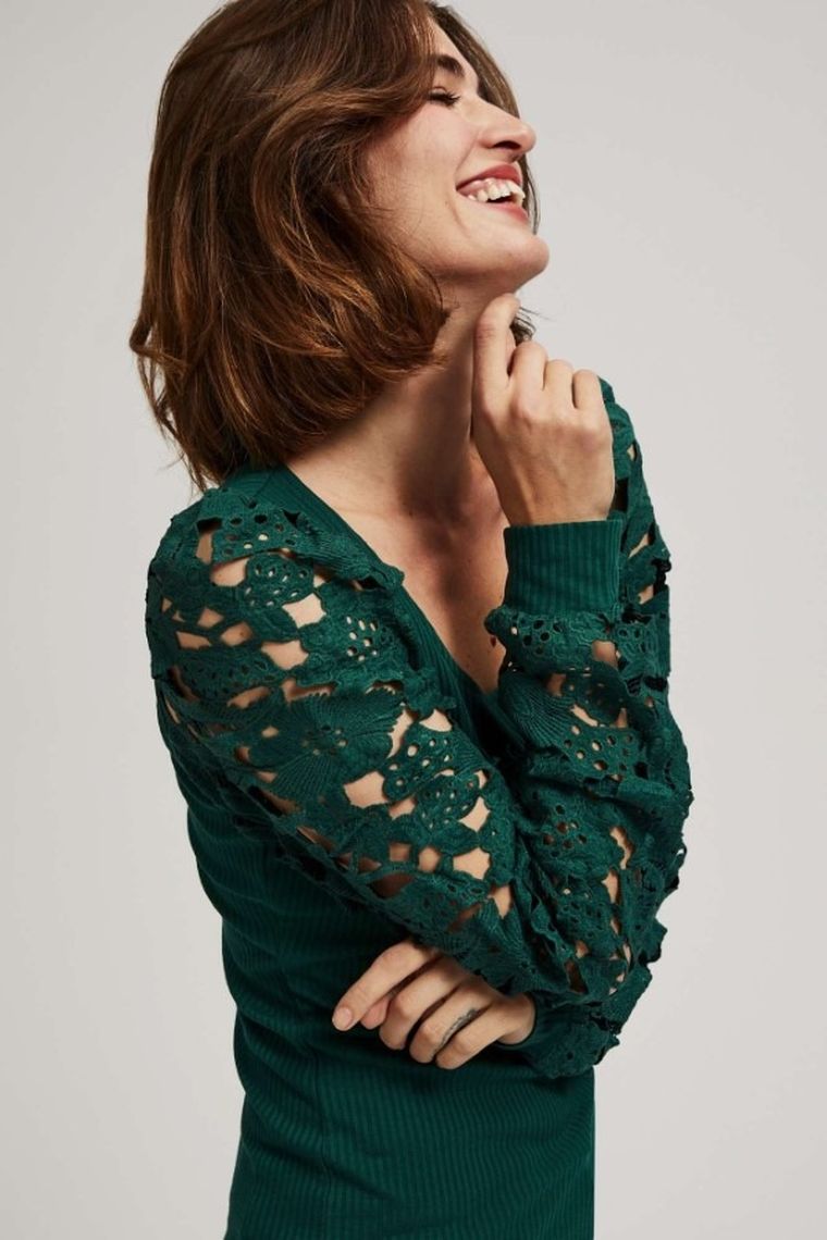 Bluzka damska z długim rękawem, zielona, Moodo