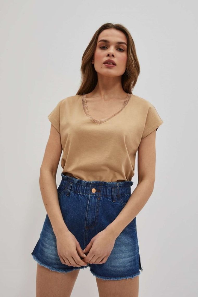 Bluzka damska z krótkim rękawem, beżowa, Moodo