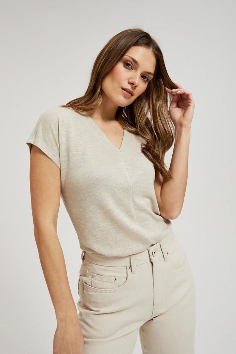 Bluzka damska z krótkim rękawem, beżowa, Moodo