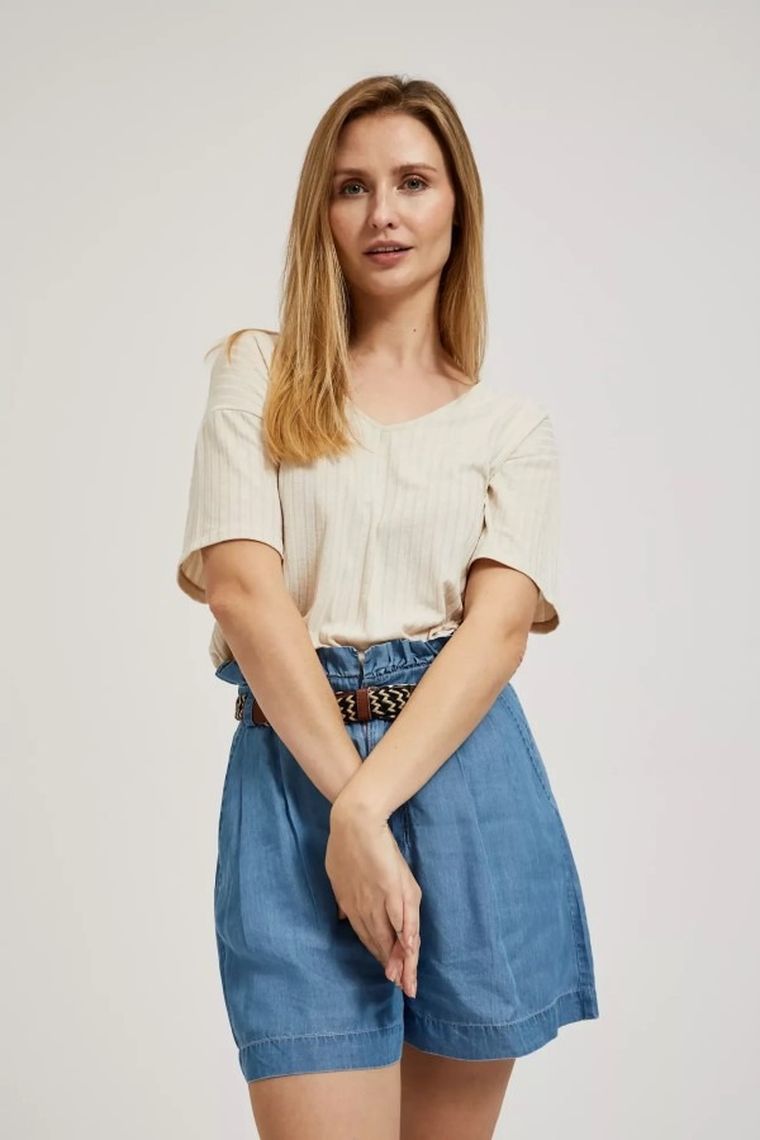 Bluzka damska z krótkim rękawem, beżowa, Moodo