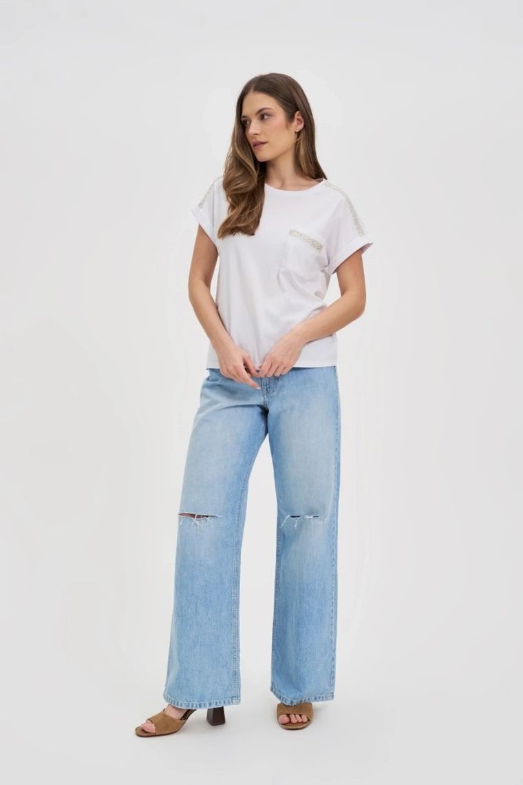 Bluzka damska z krótkim rękawem, biała, Moodo