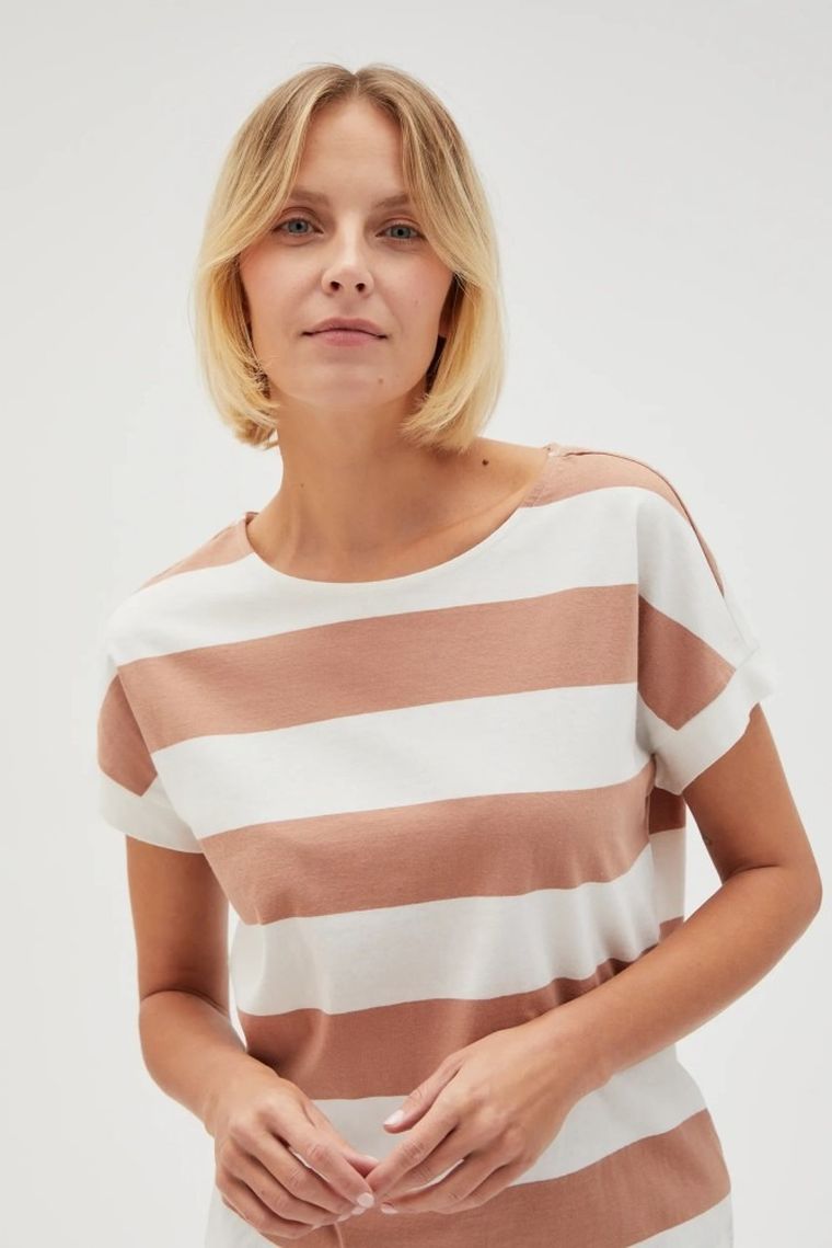 Bluzka damska z krótkim rękawem, biało-brązowa, Moodo