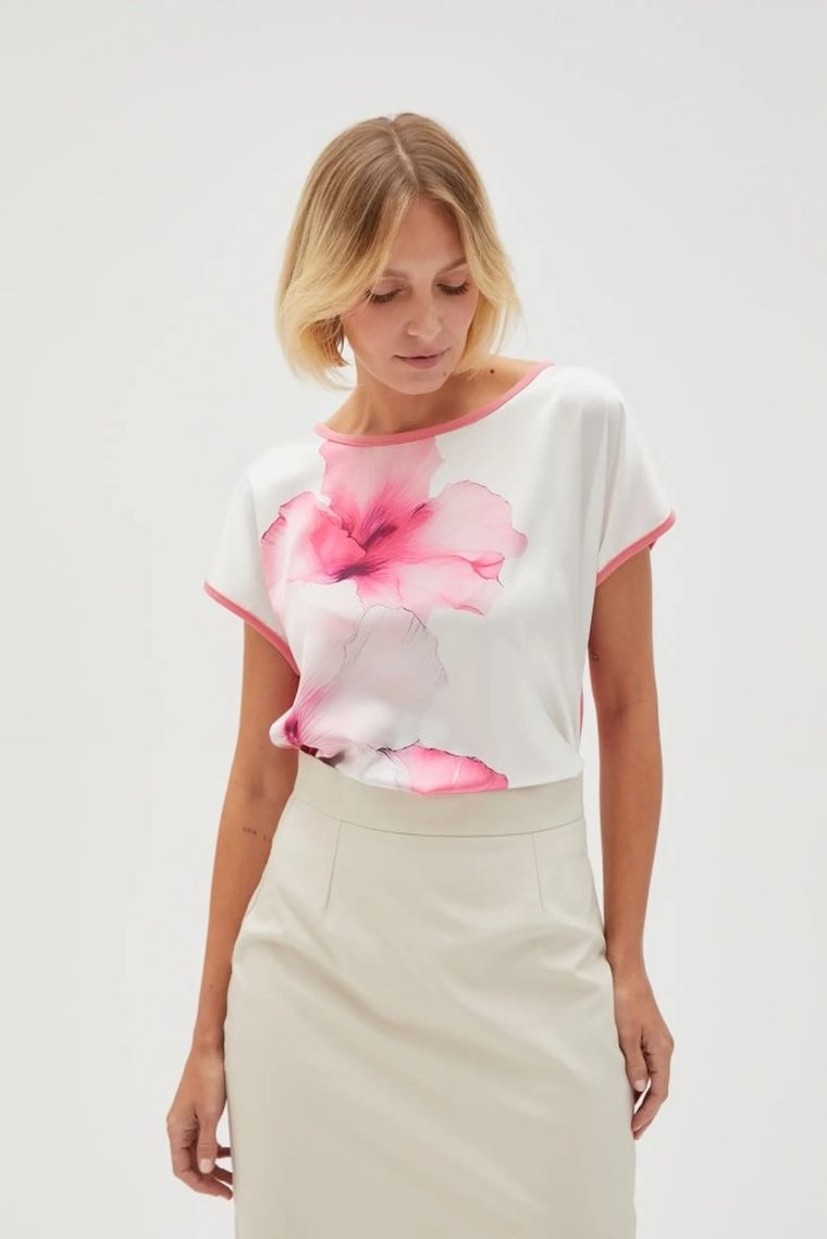 Bluzka damska z krótkim rękawem, biało-różowa, Moodo