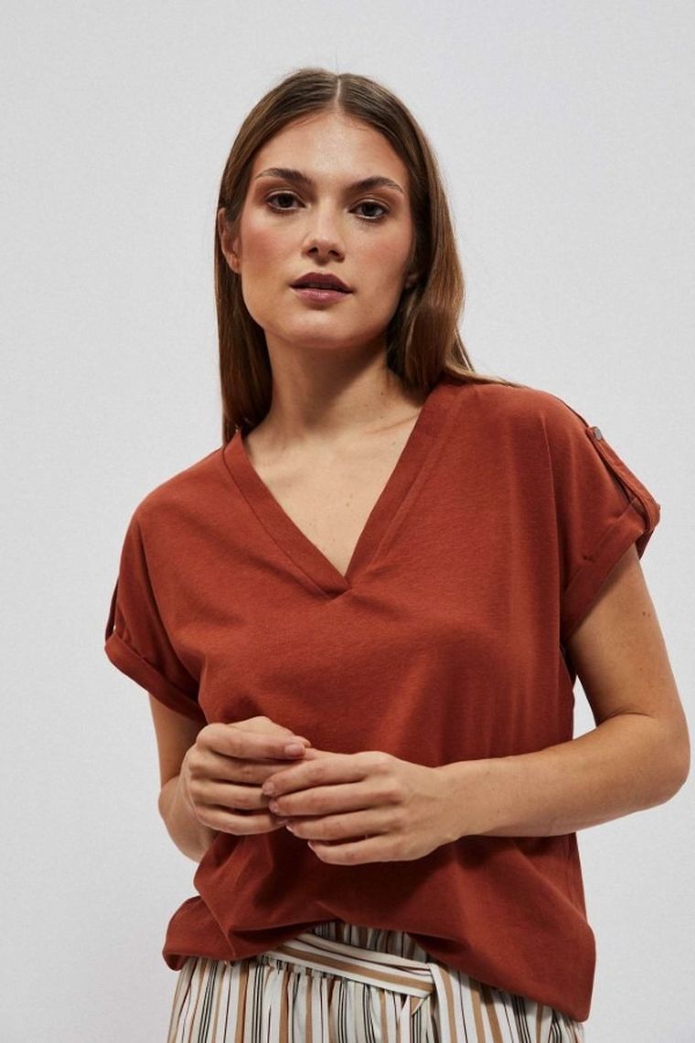 Bluzka damska z krótkim rękawem, brązowa, Moodo