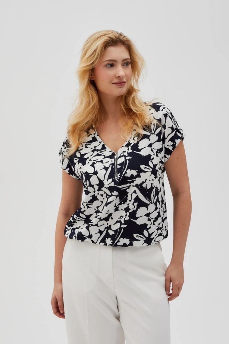 Bluzka damska z krótkim rękawem, granatowa, Moodo