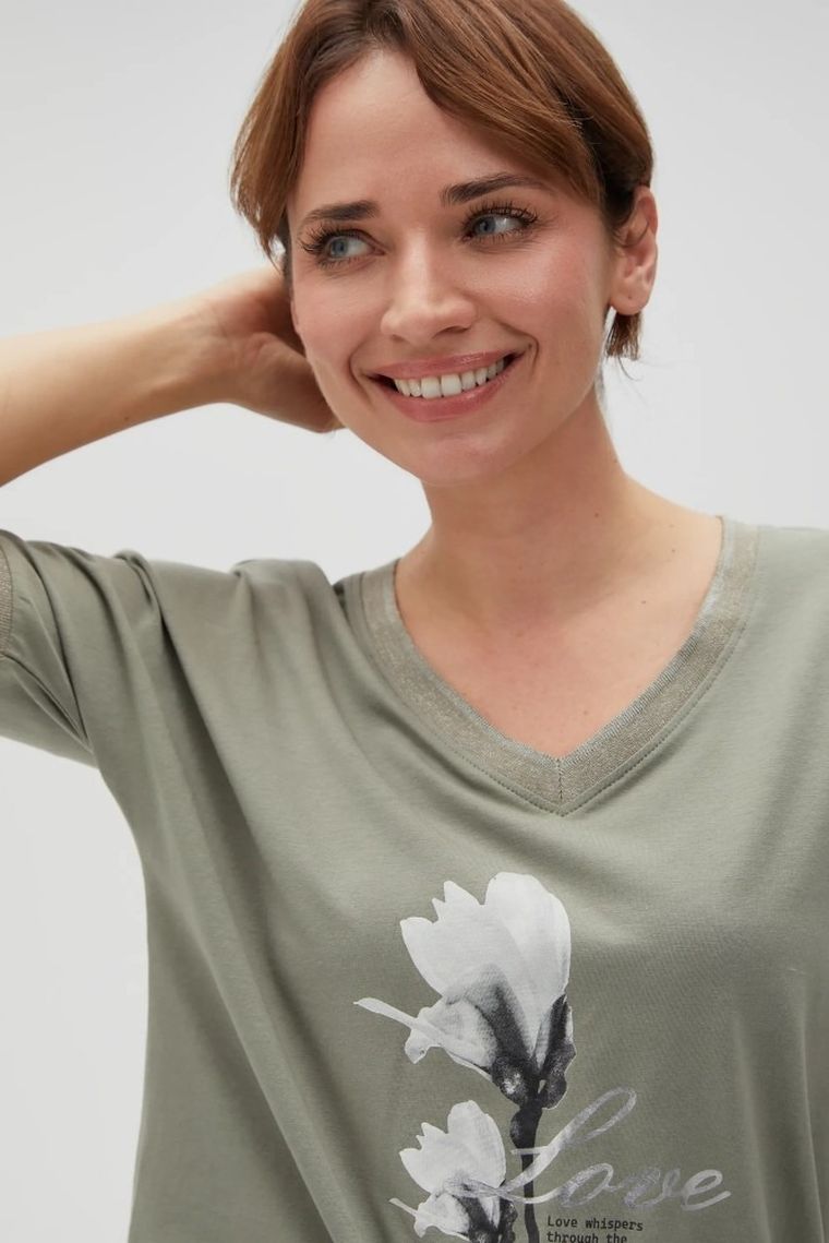 Bluzka damska z krótkim rękawem, khaki, Moodo