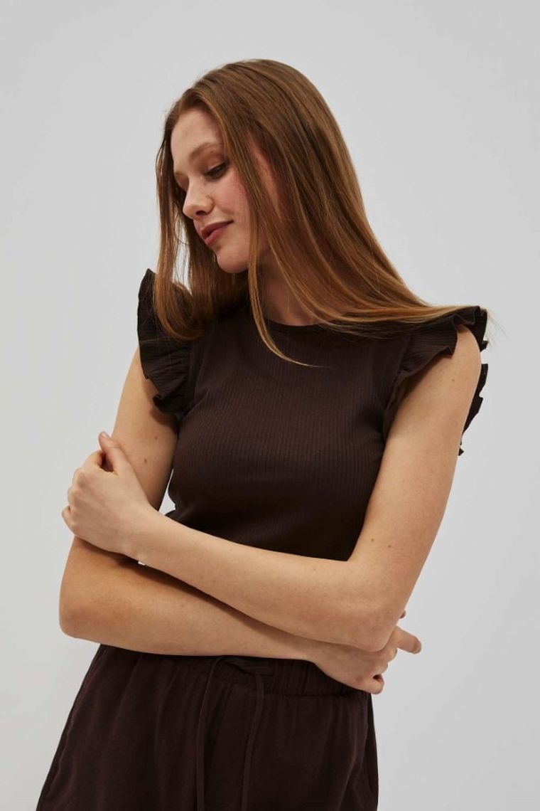 Bluzka damska z krótkim rękawem, prążkowana, brązowa, Moodo