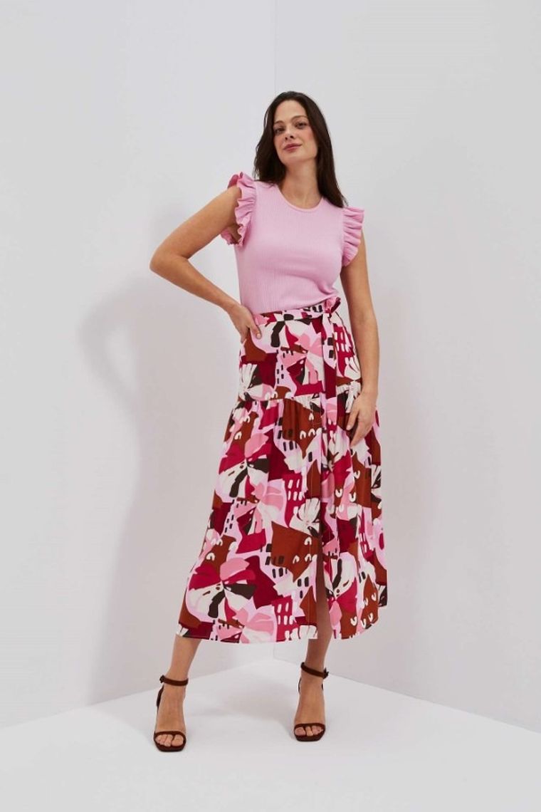 Bluzka damska z krótkim rękawem, prążkowana, różowa, Moodo