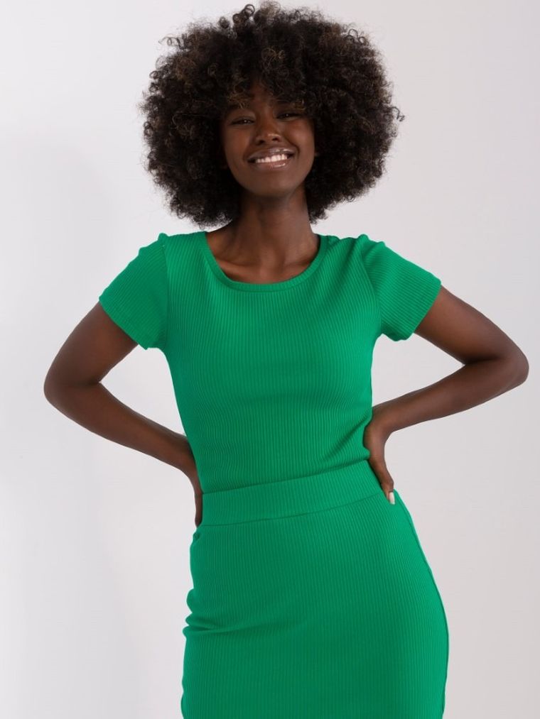 Bluzka damska z krótkim rękawem, prążkowana, zielona, Relevance