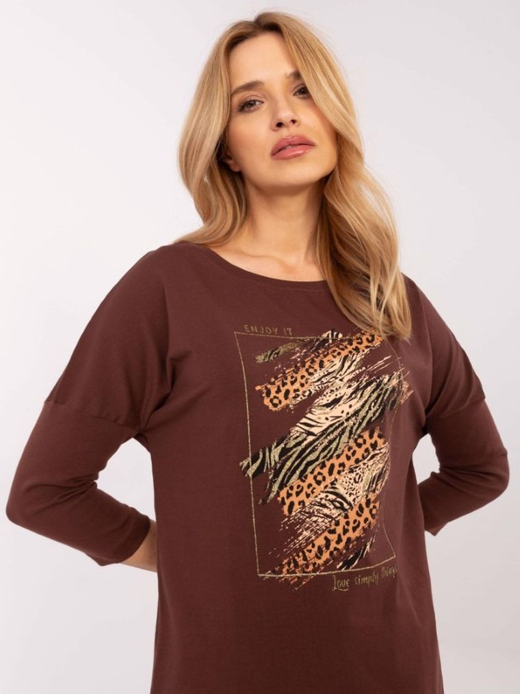 Bluzka damska z rękawem 3/4, brązowa, Calimera