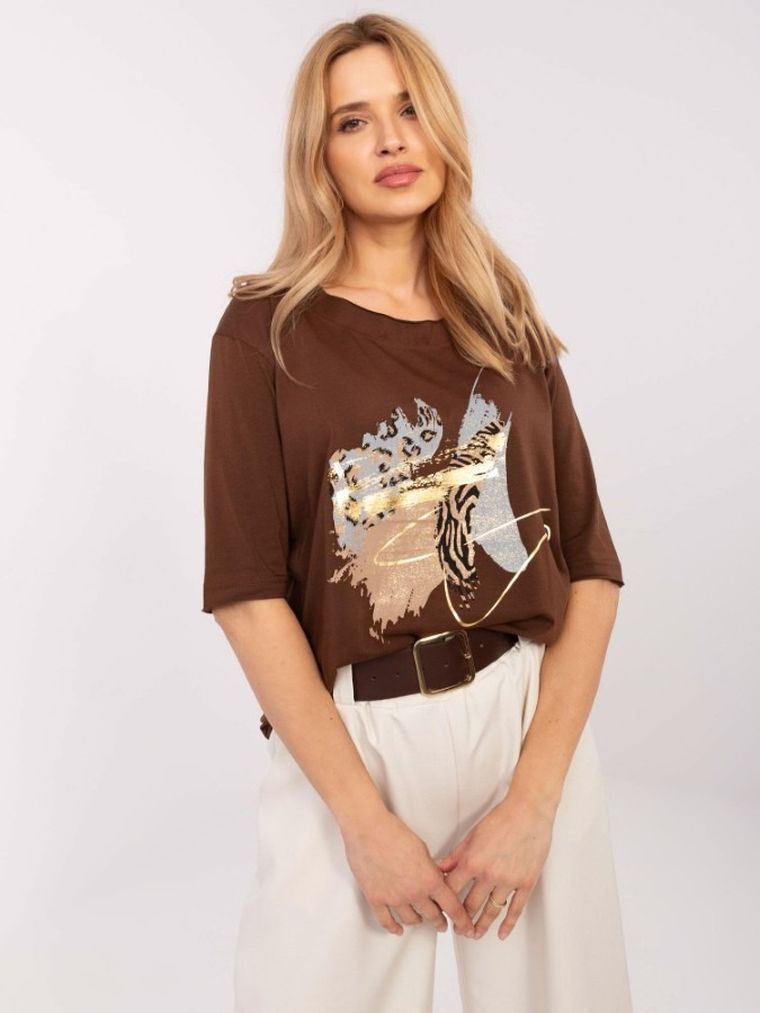 Bluzka damska z rękawem 3/4, brązowa, Calimera