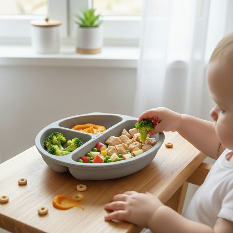 Bocioland, silikonowy talerzyk z przyssawkami i przegródkami, jasny szary