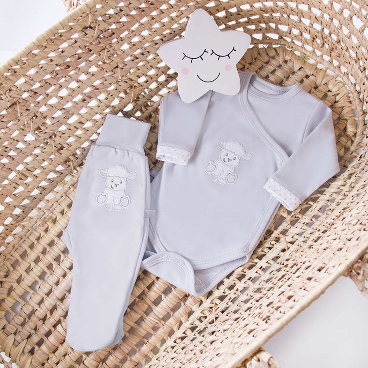 Body niemowlęce z długim rękawem, szare, owieczka, Eevi