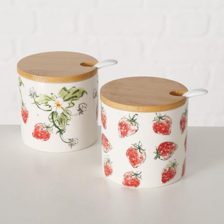 Boltze Home, ceramiczny pojemnik z łyżką i bambusową pokrywą, strawberry