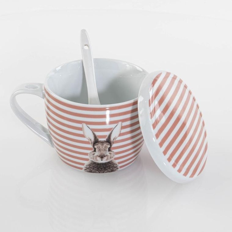 Boltze Home, kubek z pokrywką i z łyżeczką, Fluffy, porcelanowy, zajączek, 600 ml