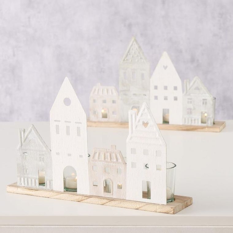 Boltze Home, świecznik na podgrzewacze, drewniane kamienice, Nordy, 24-36 cm