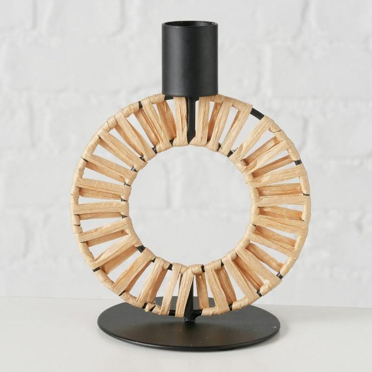 Boltze, metalowy świecznik ze słomkową plecionką, Toke, 16 cm