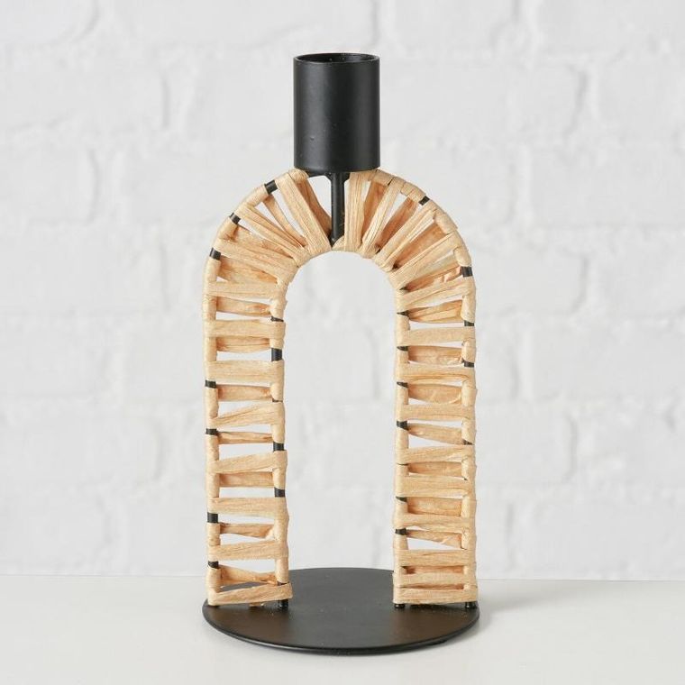 Boltze, metalowy świecznik ze słomkową plecionką, Toke, 16 cm