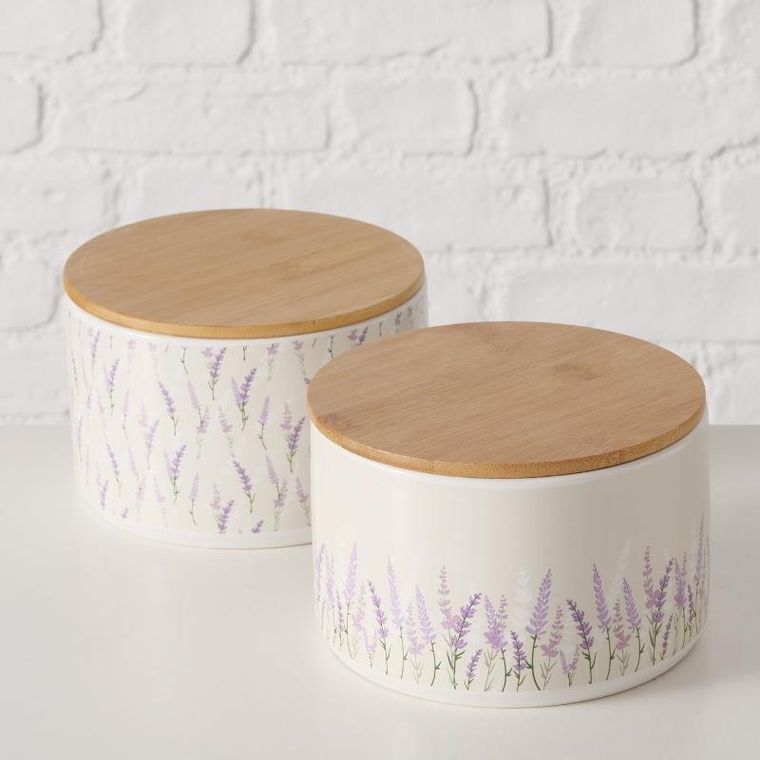 Boltze, pojemnik ceramiczny lavander z bambusową pokrywą, średnica 16 cm